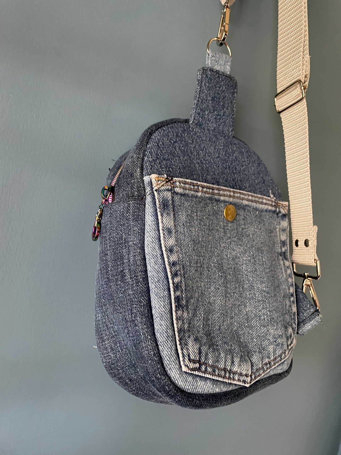 Sling Bag Denim and Vintage Buttons