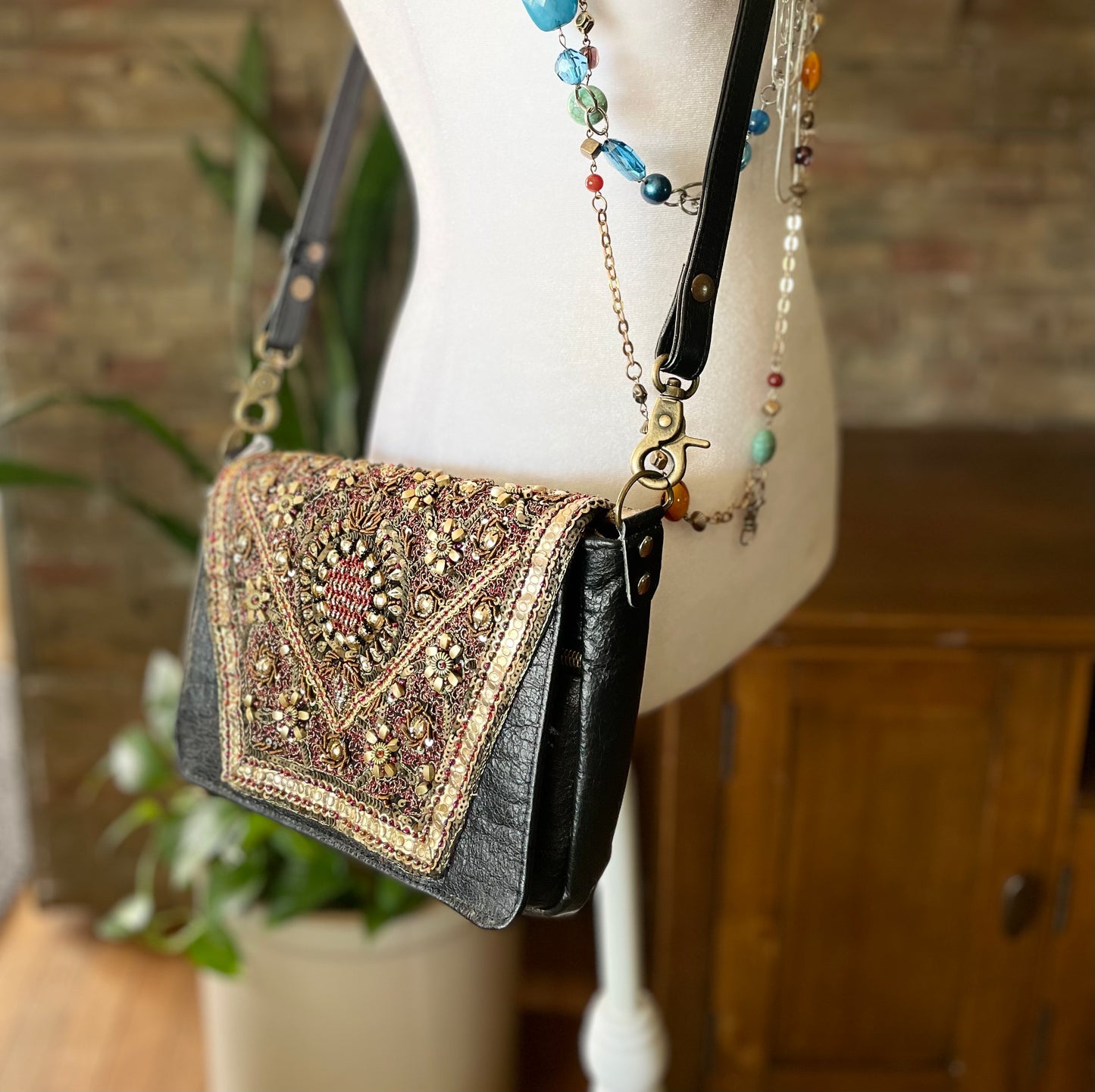 Sari Beaded and Leather Crossbody