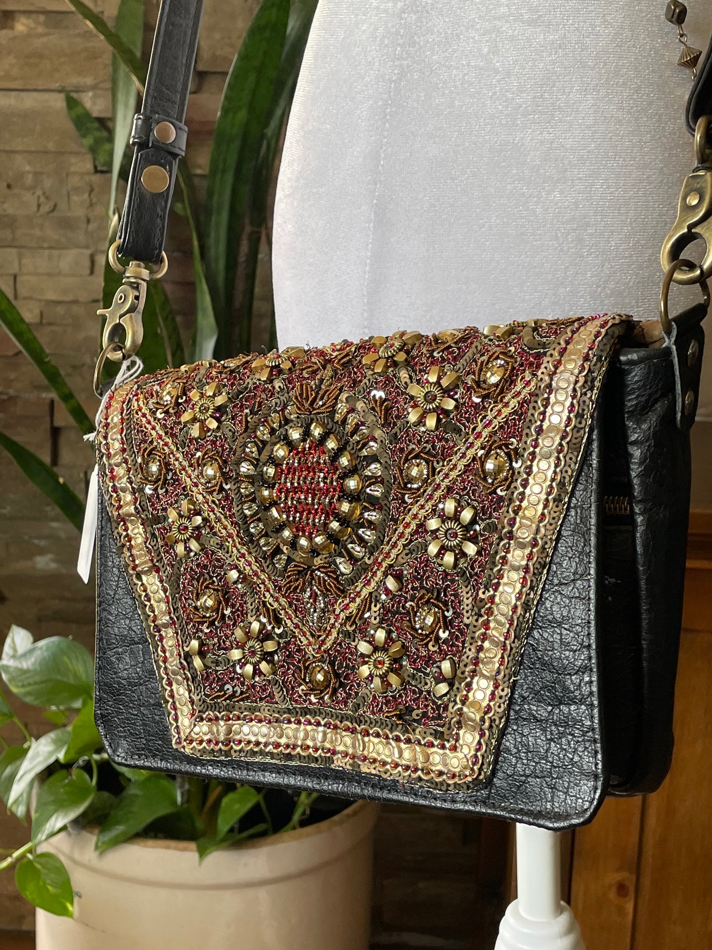 Sari Beaded and Leather Crossbody