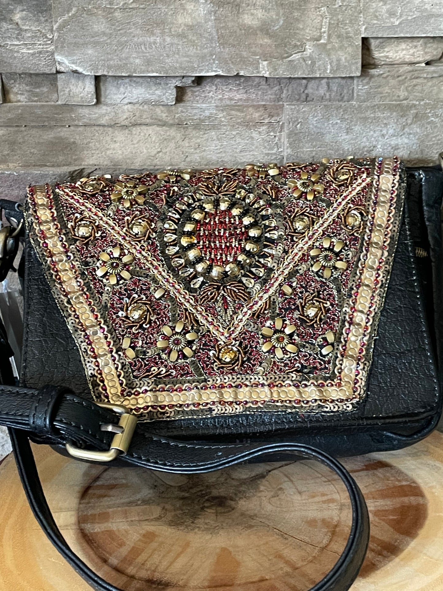 Sari Beaded and Leather Crossbody