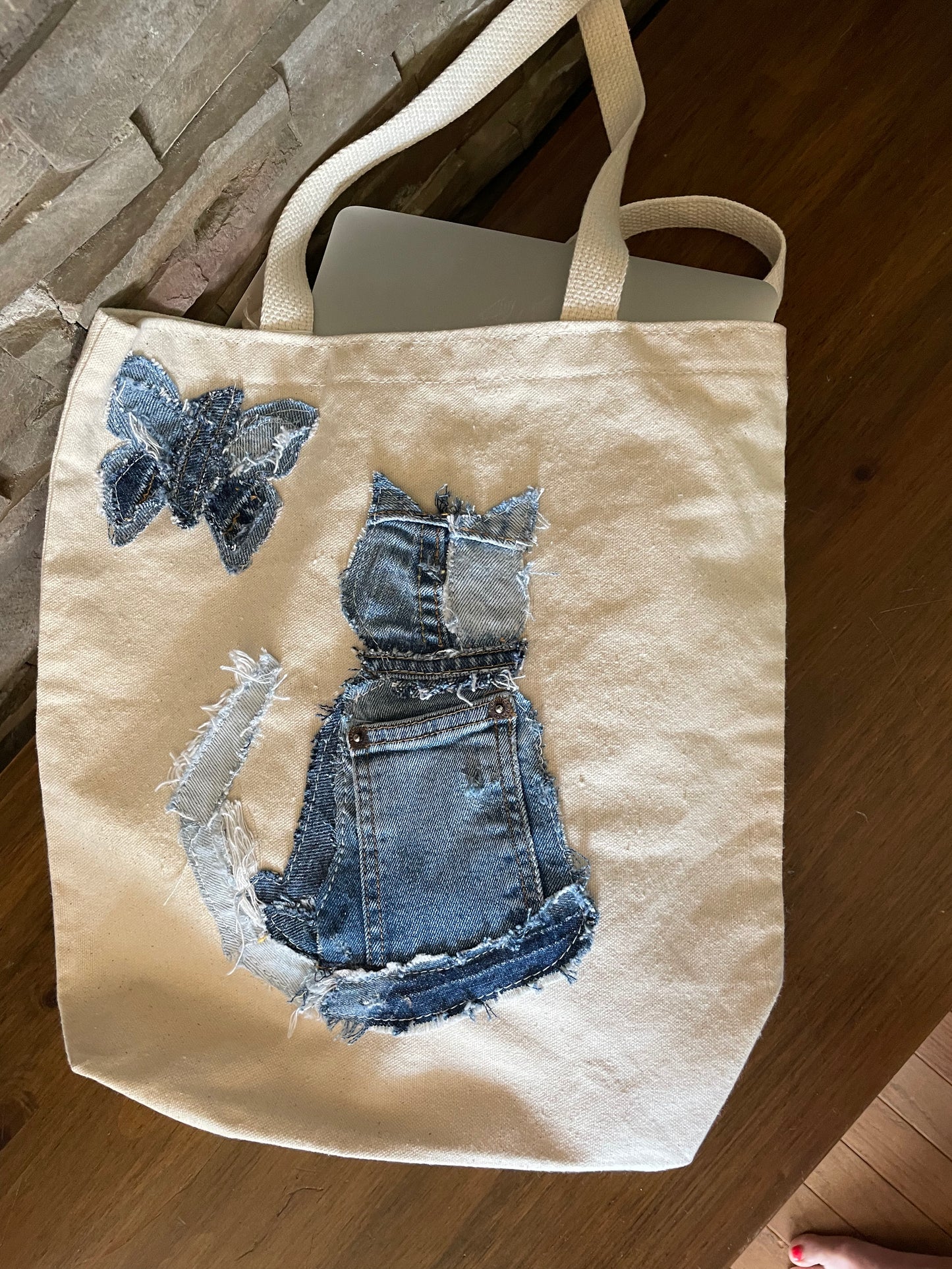 Cat and Denim Patchwork Tote