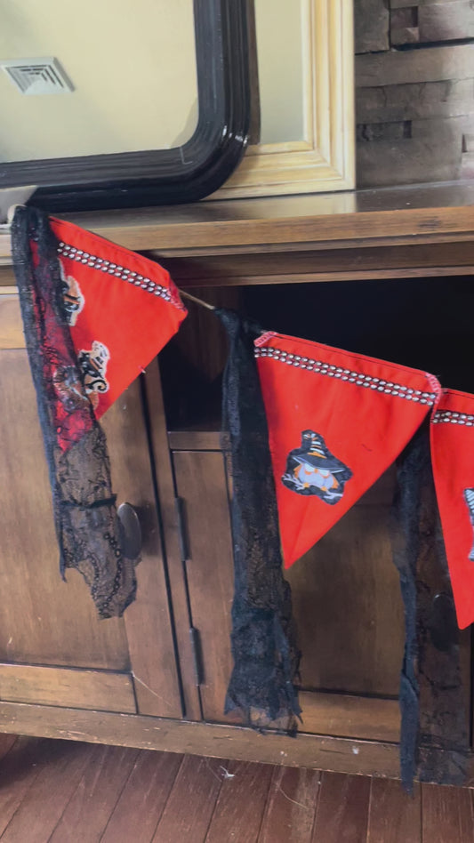 Halloween Fabric Appliqued and Bright Orange Banner