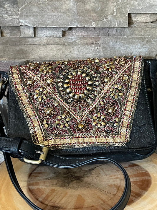 Sari Beaded and Leather Crossbody