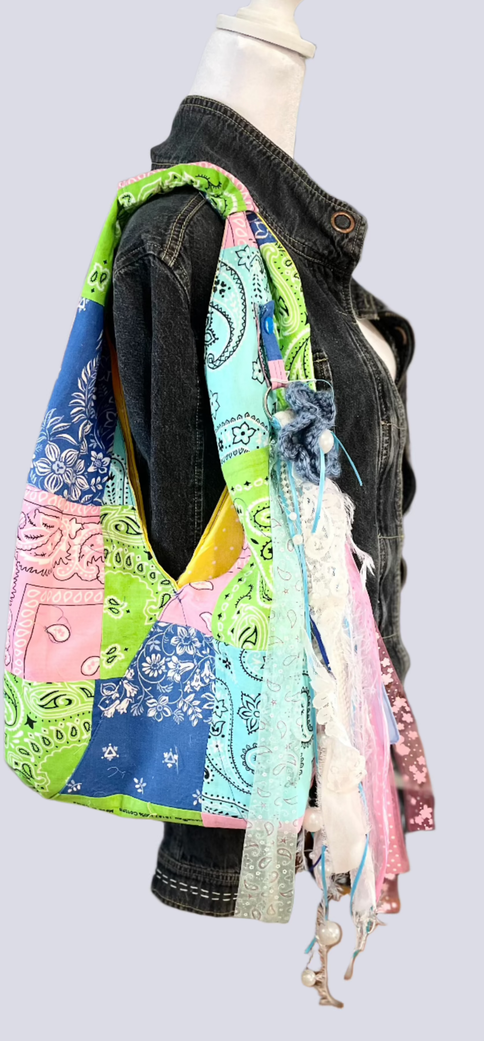 reclaimed textiles, colorful Boho Shoulder bag with handmade bag charm, side view