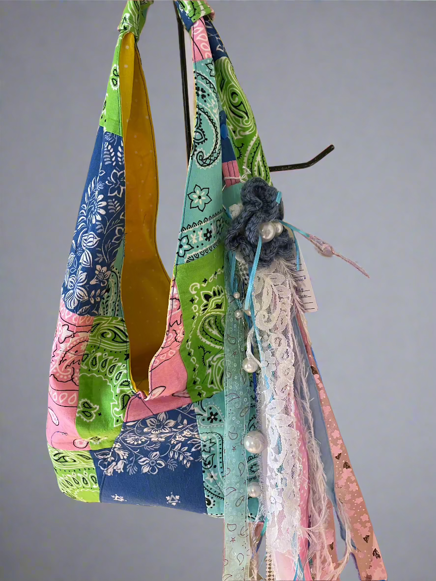 reclaimed textiles, colorful Boho Shoulder bag with handmade bag charm, close up