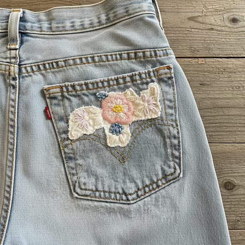 Denim jacket pocket with floral embroidery on a beige fabric background
