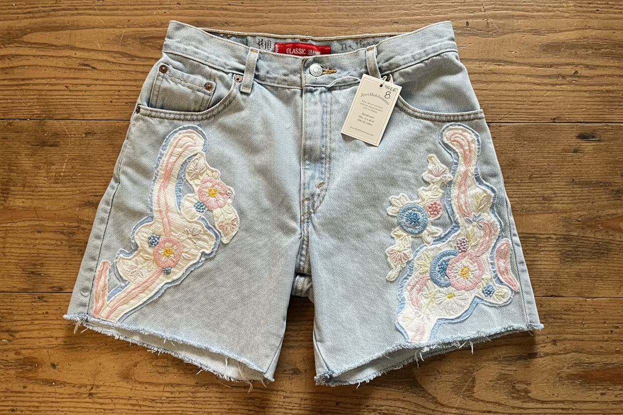 Denim shorts with floral embroidery on a wooden surface