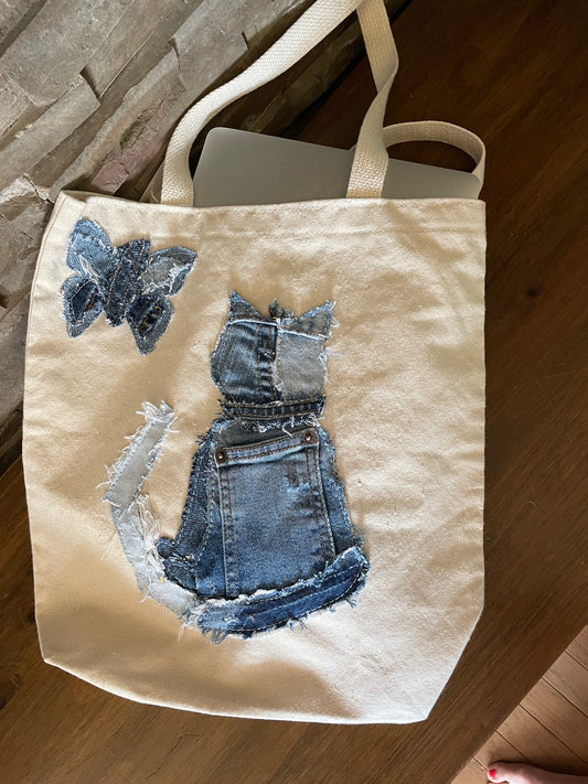 Cat and Denim Patchwork Tote